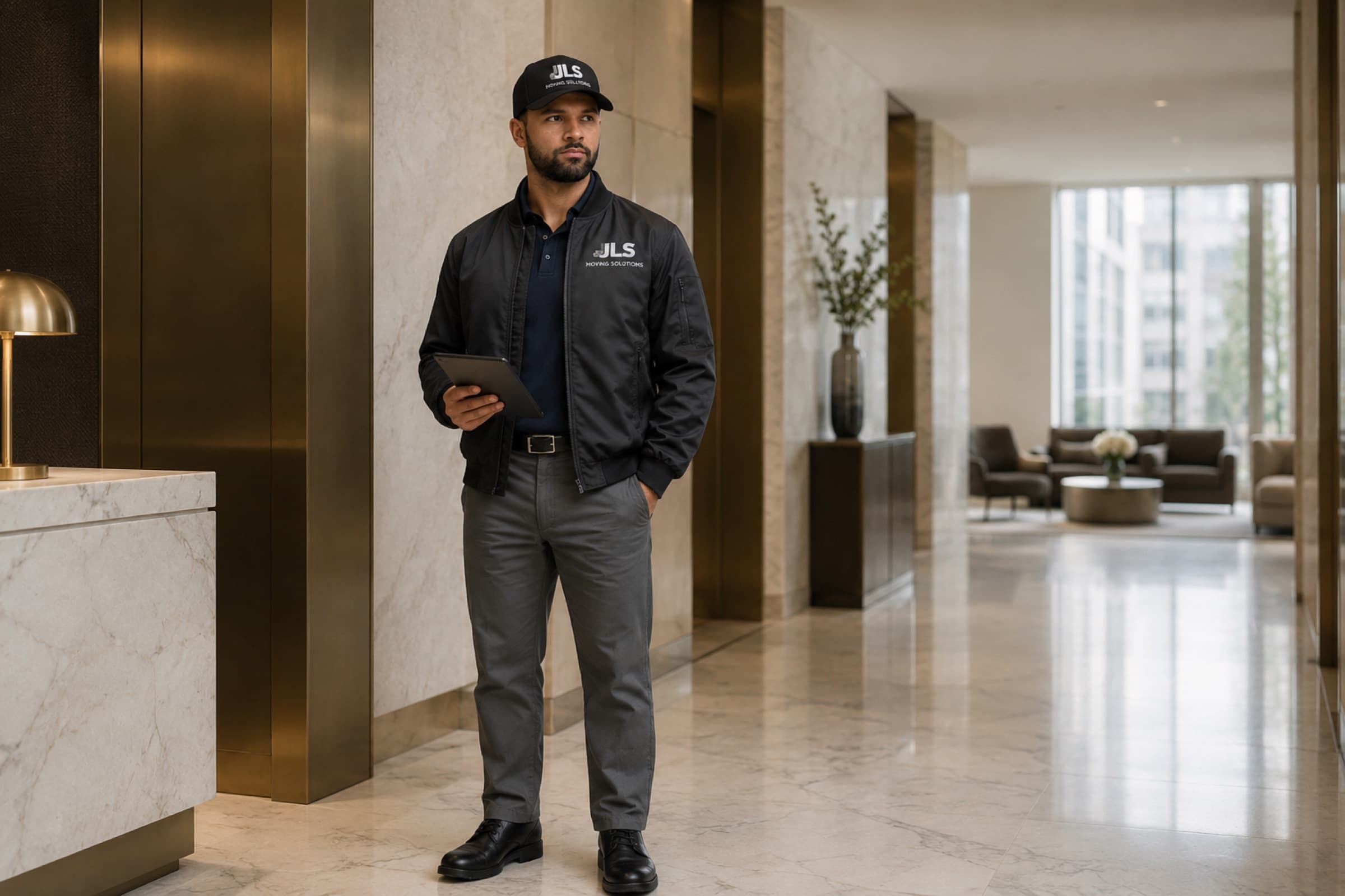 JLS coordinator on site in a residential lobby